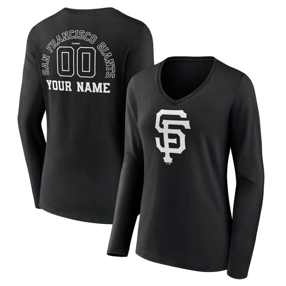 San Francisco Giants Women's Monochrome Personalized Name & Number Long Sleeve V-Neck T-Shirt Black