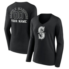 Seattle Mariners Women's Monochrome Personalized Name & Number Long Sleeve V-Neck T-Shirt Black
