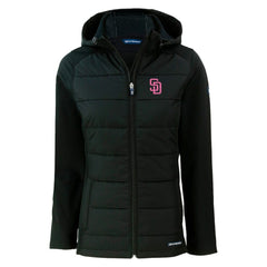 San Diego Padres Cutter & Buck Women's City Connect Evoke Hybrid Eco Softshell Recycled Full-Zip Hoodie Jacket Black