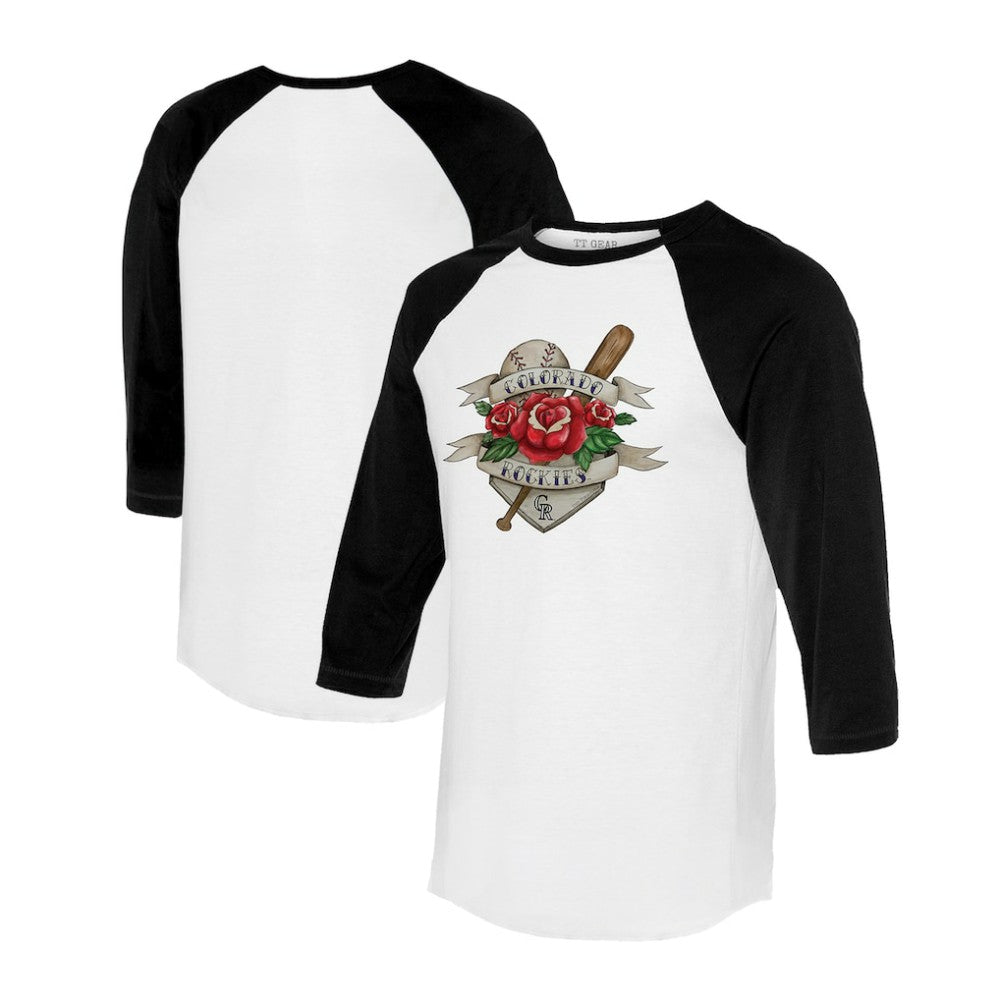 Colorado Rockies Tiny Turnip Unisex Tattoo Rose 3/4-Sleeve Raglan T-Shirt White/Black