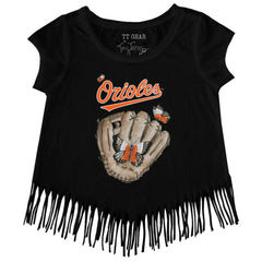 Baltimore Orioles Tiny Turnip Girls Youth Butterfly Glove Fringe T-Shirt Black