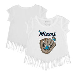 Miami Marlins Tiny Turnip Girls Youth Butterfly Glove Fringe T-Shirt White