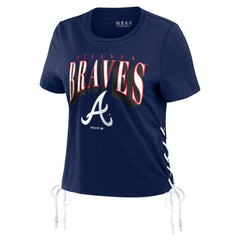 Atlanta Braves WEAR by Erin Andrews Women's Side Lace-Up Cropped T-Shirt Navy