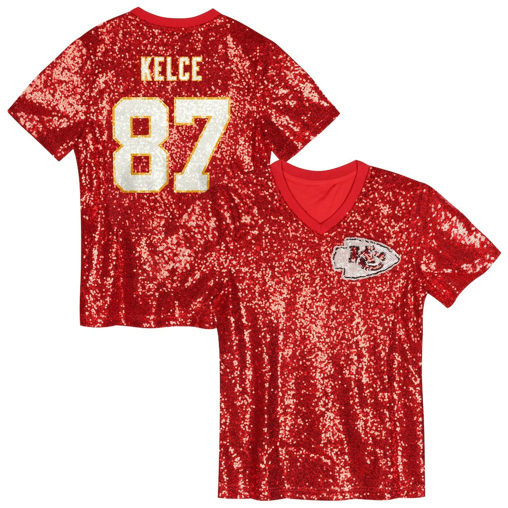 Travis Kelce Kansas City Chiefs Girls Youth Sequin V-Neck Fashion Jersey - Red outlet