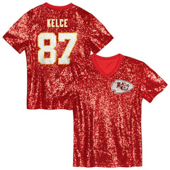 Travis Kelce Kansas City Chiefs Girls Youth Sequin V-Neck Fashion Jersey - Red outlet