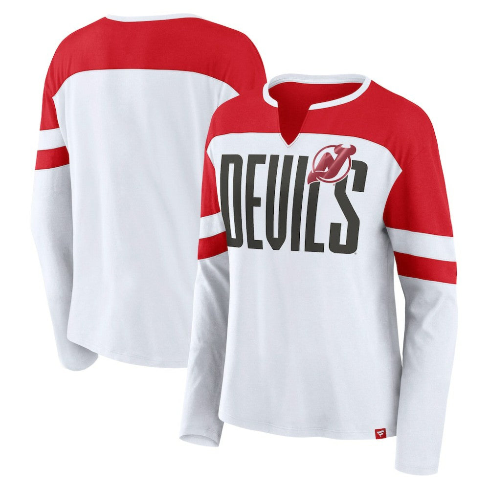 New Jersey Devils Fanatics Women's Frozen Long Sleeve Notch Neck T-Shirt White/Red