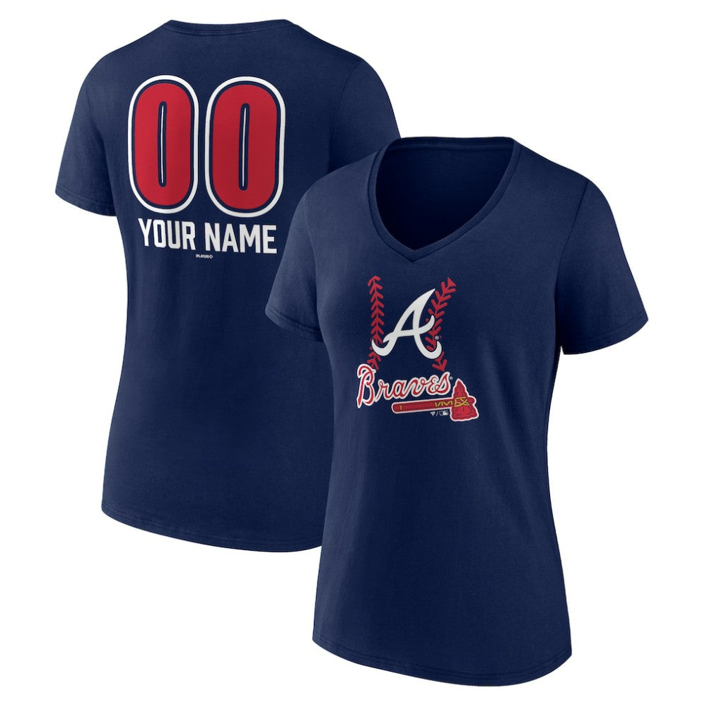 Atlanta Braves Women's Personalized Name & Number Fastball V-Neck T-Shirt Navy