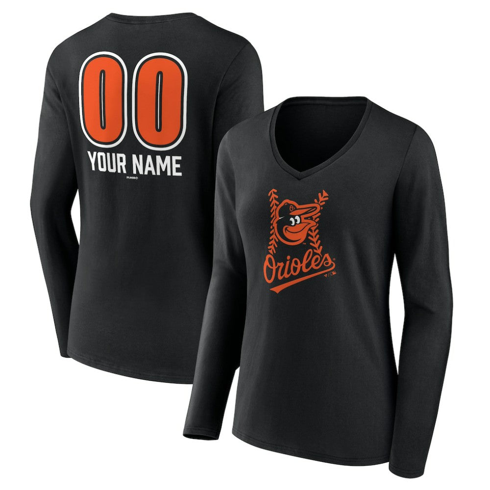 Baltimore Orioles Women's Personalized Name & Number Fastball Long Sleeve V-Neck T-Shirt Black