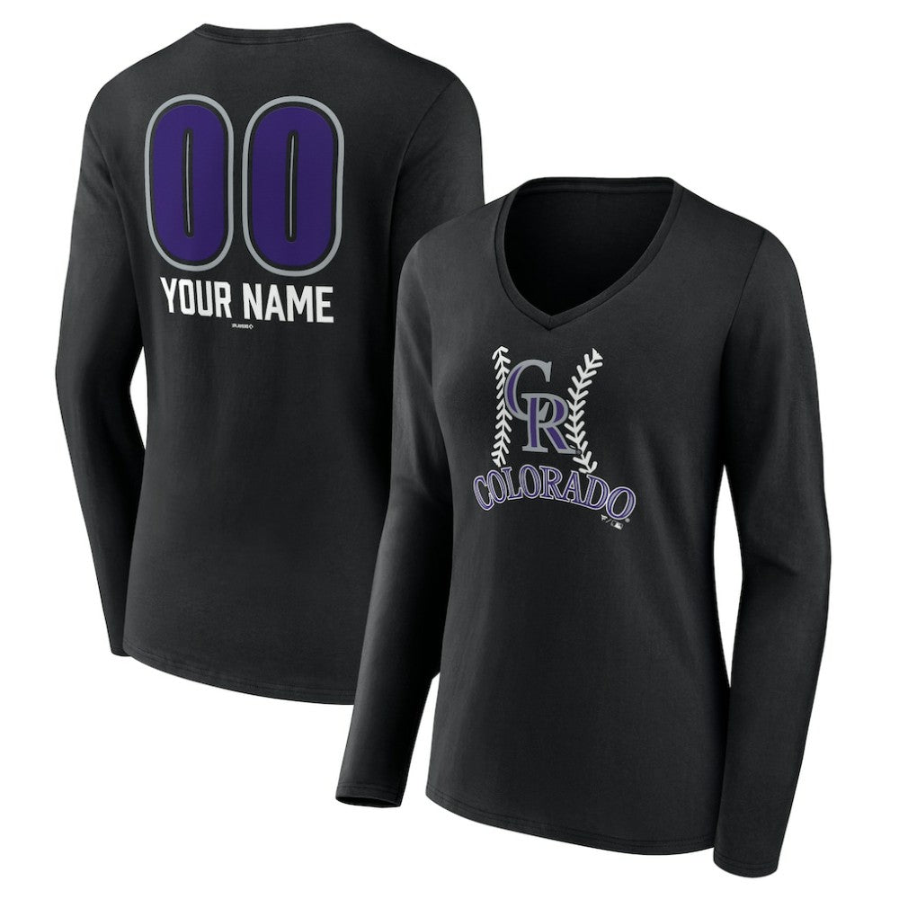 Colorado Rockies Women's Personalized Name & Number Fastball Long Sleeve V-Neck T-Shirt Black