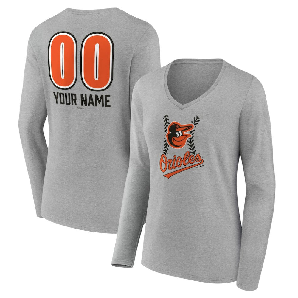 Baltimore Orioles Women's Personalized Name & Number Fastball Long Sleeve V-Neck T-Shirt Gray
