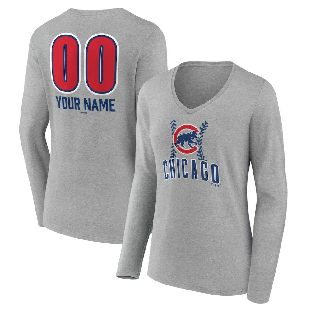 Chicago Cubs Women's Personalized Name & Number Fastball Long Sleeve V-Neck T-Shirt Gray
