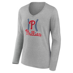 Philadelphia Phillies Women's Personalized Name & Number Fastball Long Sleeve V-Neck T-Shirt Gray