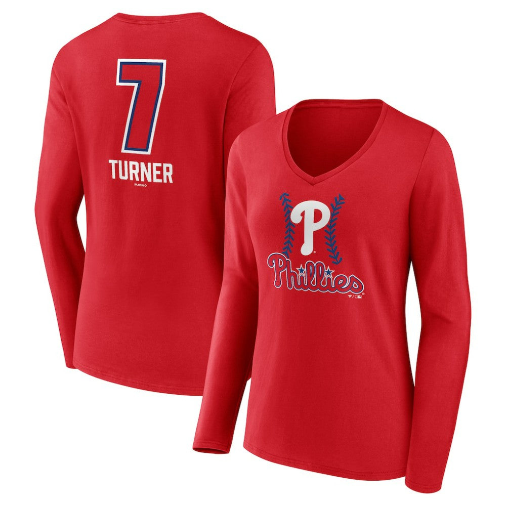 Trea Turner Philadelphia Phillies Women's Fastball Player Name & Number Long Sleeve V-Neck T-Shirt Red