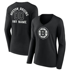 Boston Bruins Women's Personalized Name & Number Monochrome Long Sleeve V-Neck T-Shirt Black