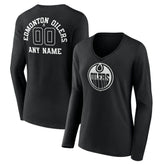 Edmonton Oilers Women's Personalized Name & Number Monochrome Long Sleeve V-Neck T-Shirt Black