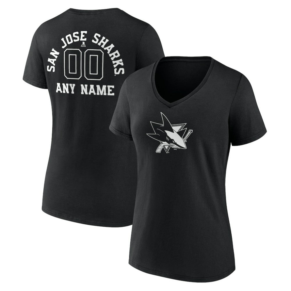 San Jose Sharks Women's Personalized Name & Number Monochrome V-Neck T-Shirt Black