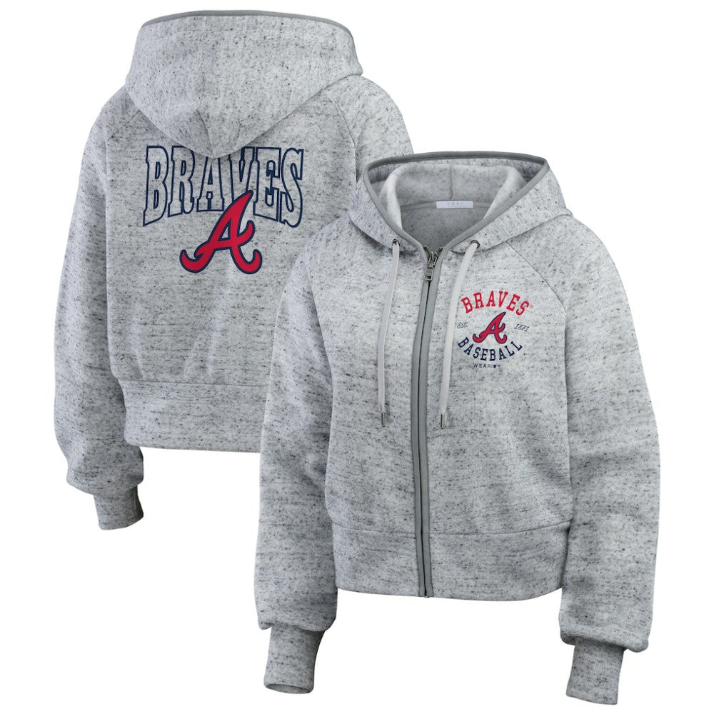 Atlanta Braves WEAR by Erin Andrews Women's Speckled Fleece Cropped Full-Zip Hoodie Heather Gray