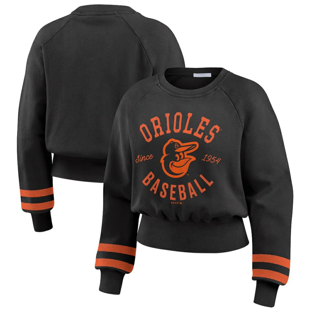 Baltimore Orioles WEAR by Erin Andrews Women's Vintage Washed Cropped Pullover Sweatshirt Black