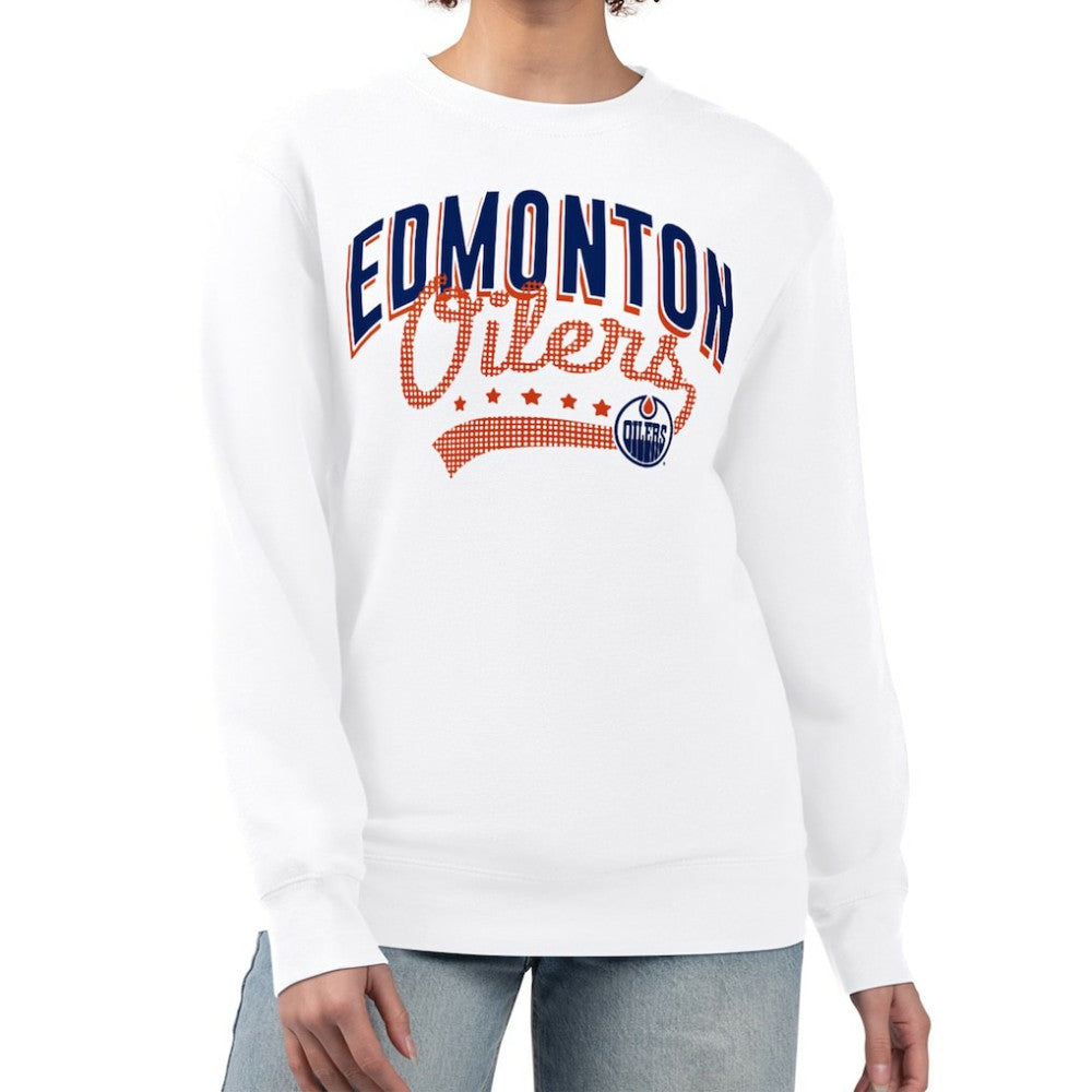 Edmonton Oilers G-III 4Her by Carl Banks Women's Filigree Team Graphic Fleece Pullover Sweatshirt White