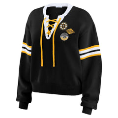 Boston Bruins WEAR by Erin Andrews Women's Cropped Lace-Up Sweater Black
