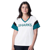 San Jose Sharks G-III 4Her by Carl Banks Women's Rink Oversized Rhinestone V-Neck T-Shirt White