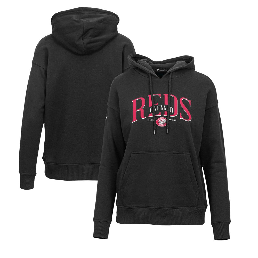 Cincinnati Reds Levelwear Women's Adorn Cooperstown Collection Retro Spellout Pullover Hoodie Black