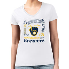Milwaukee Brewers G-III 4Her by Carl Banks Women's Super-Slim Fit Lightweight Collage Team Graphic V-Neck T-Shirt White
