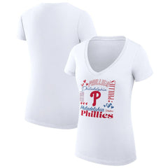 Philadelphia Phillies G-III 4Her by Carl Banks Women's Super-Slim Fit Lightweight Collage Team Graphic V-Neck T-Shirt White