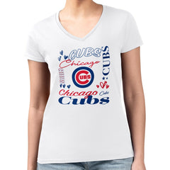 Chicago Cubs G-III 4Her by Carl Banks Women's Super-Slim Fit Lightweight Collage Team Graphic V-Neck T-Shirt White
