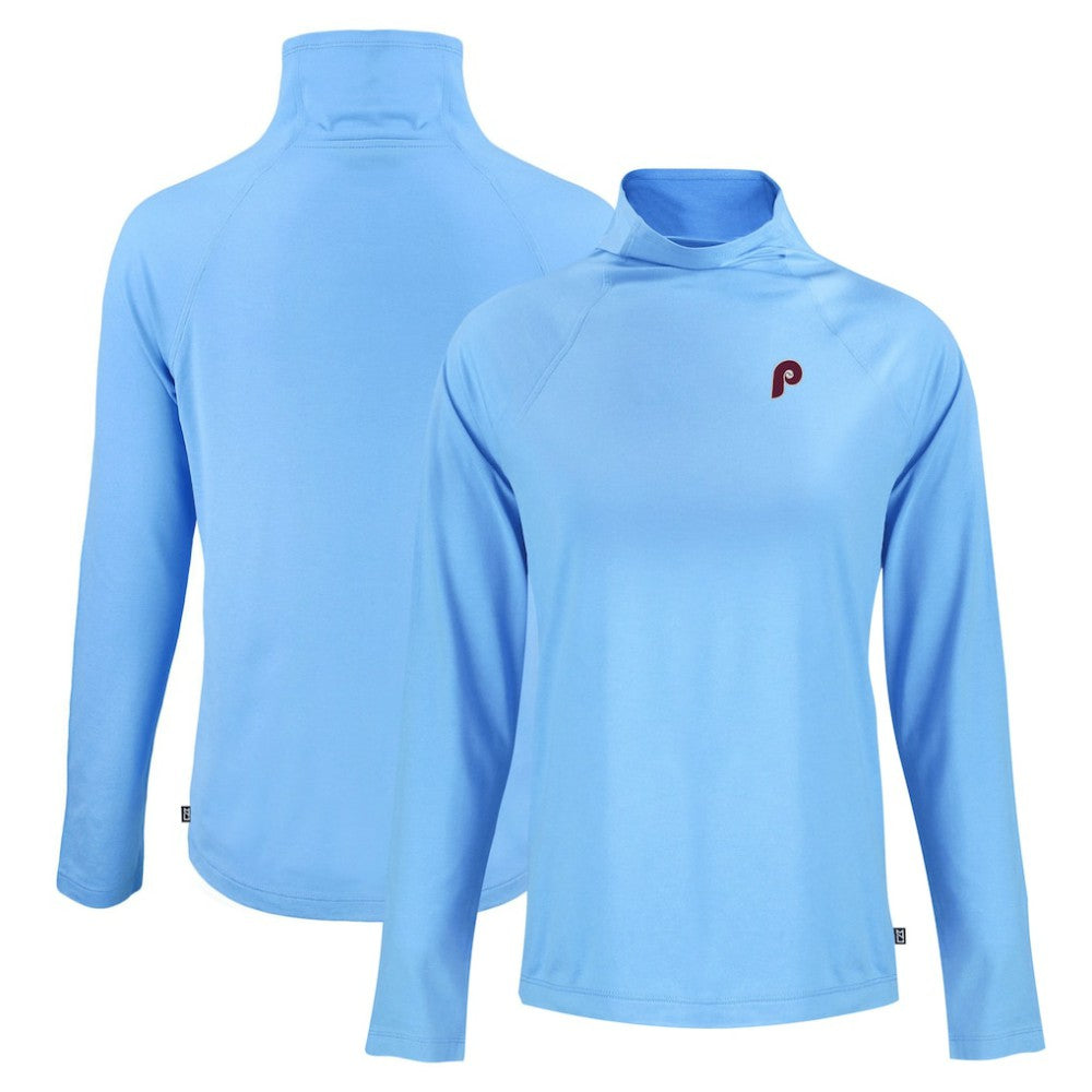 Philadelphia Phillies Cutter & Buck Women's Cooperstown Collection Coastline Epic Comfort Eco Recycled Funnel Neck Raglan Pullover Top Powder Blue