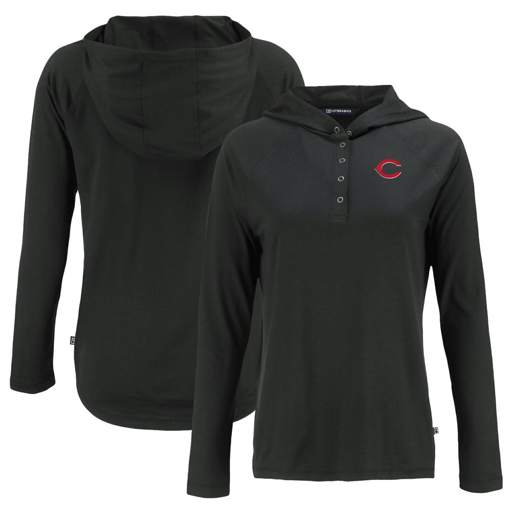 Cincinnati Reds Cutter & Buck Women's Coastline Epic Comfort Eco Recycled Hoodie Raglan Long Sleeve T-Shirt Black
