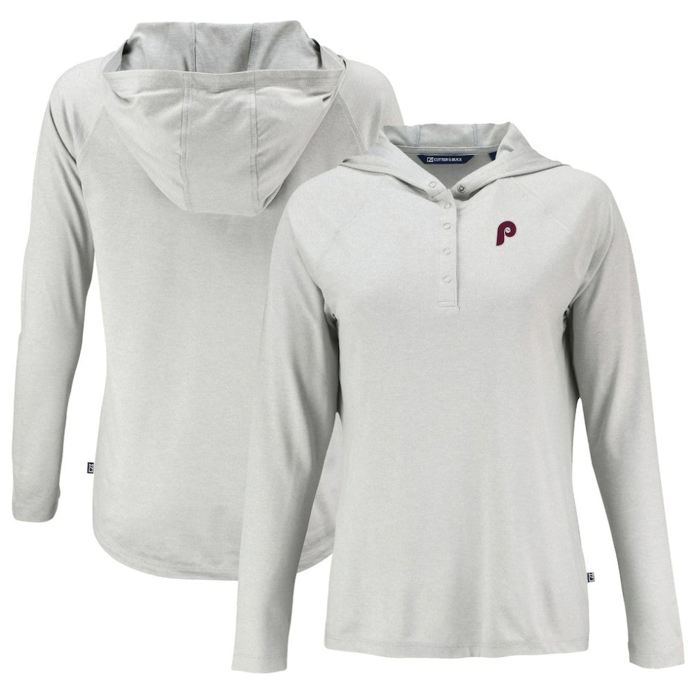 Philadelphia Phillies Cutter & Buck Women's Cooperstown Collection Coastline Epic Comfort Eco Recycled Hoodie Raglan Long Sleeve T-Shirt Gray