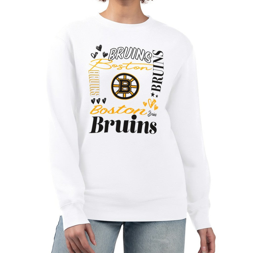 Boston Bruins G-III 4Her by Carl Banks Women's Collage Graphic Fleece Long Sleeve Pullover Sweatshirt White