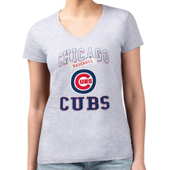 Chicago Cubs G-III 4Her by Carl Banks Women's Super-Slim Fit Lightweight Team Logo Graphic V-Neck T-Shirt Heather Gray