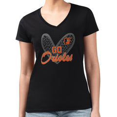 Baltimore Orioles G-III 4Her by Carl Banks Women's Super-Slim Fit Lightweight Leopard Heart V-Neck T-Shirt Black
