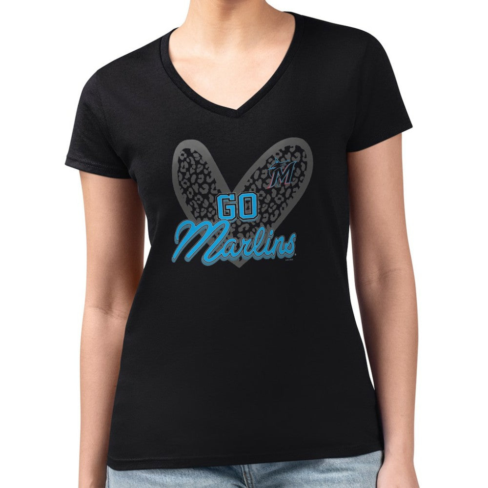 Miami Marlins G-III 4Her by Carl Banks Women's Super-Slim Fit Lightweight Leopard Heart V-Neck T-Shirt Black