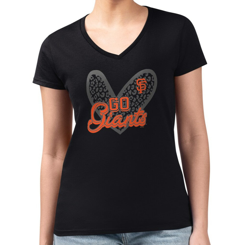 San Francisco Giants G-III 4Her by Carl Banks Women's Super-Slim Fit Lightweight Leopard Heart V-Neck T-Shirt Black