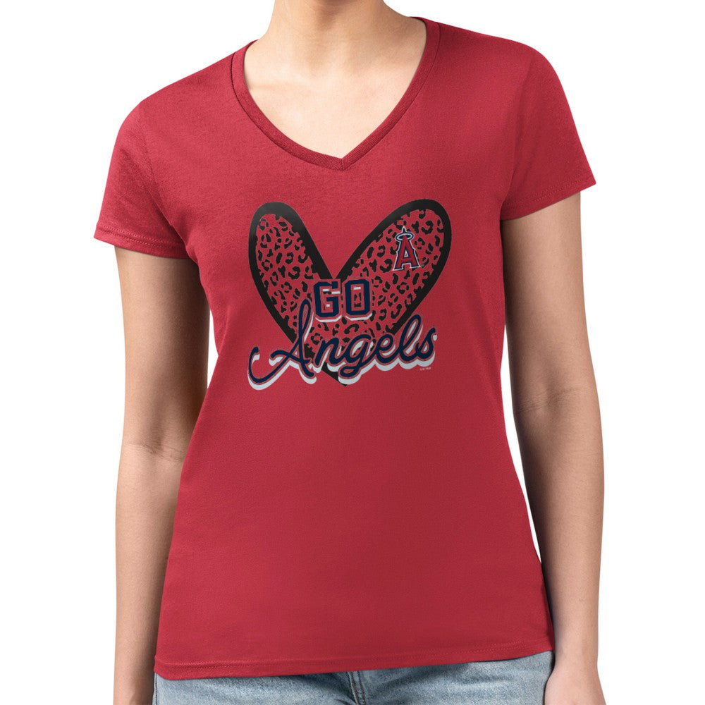 Los Angeles Angels G-III 4Her by Carl Banks Women's Super-Slim Fit Lightweight Leopard Heart V-Neck T-Shirt Red