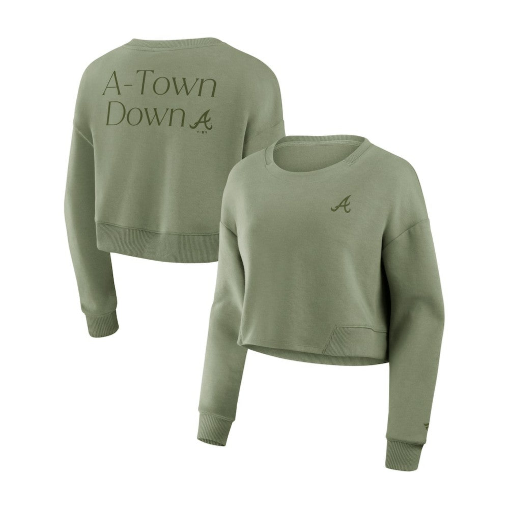Atlanta Braves Women's Studio Cropped Pullover Sweatshirt Olive