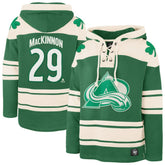 Nathan MacKinnon Colorado Avalanche '47 St. Patrick's Day Player Name & Number Lacer Pullover Hoodie Kelly Green