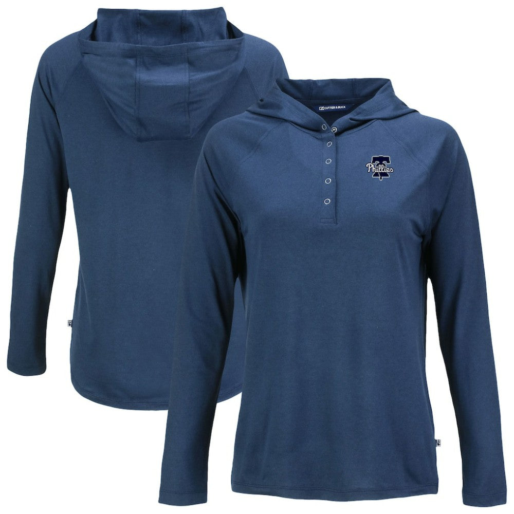 Philadelphia Phillies Cutter & Buck Women's Coastline Epic Comfort Eco Recycled Raglan Long Sleeve Hoodie T-Shirt Navy