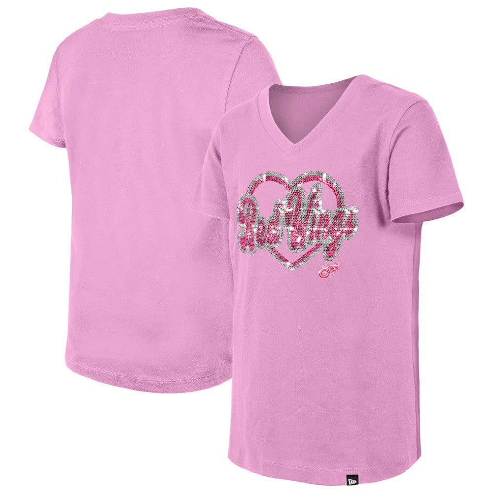 Detroit Red Wings New Era Girl's Youth Flip Sequin V-Neck T-Shirt Pink
