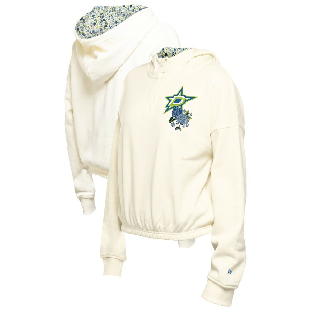 Dallas Stars New Era Women's Glam Game Quarter-Zip Cropped Floral Hoodie Pullover Cream