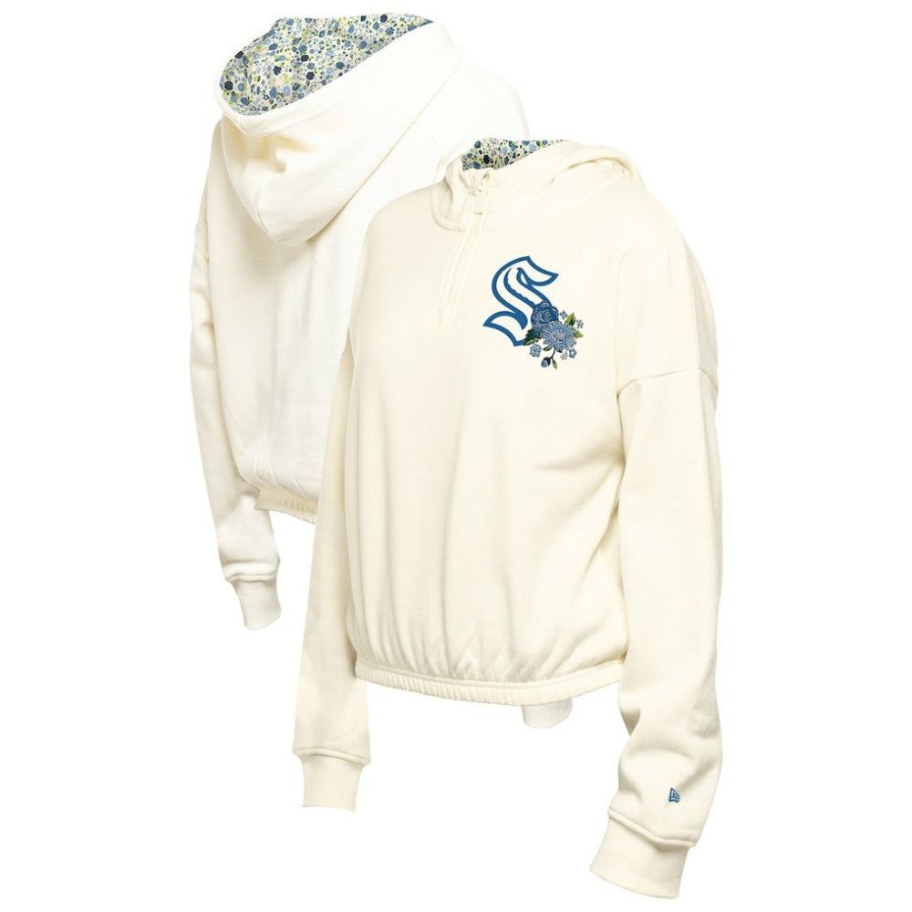 Seattle Kraken New Era Women's Glam Game Quarter-Zip Cropped Floral Hoodie Pullover Cream
