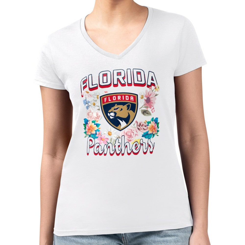 Florida Panthers G-III 4Her by Carl Banks Women's Super-Slim Fit Lightweight Flower Logo V-Neck T-Shirt White
