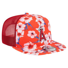 Los Angeles Angels Adventure Pattern Golfer Trucker Snapback Hat Red | New Era
