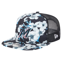 Miami Marlins Adventure Pattern Golfer Trucker Snapback Hat Black | New Era