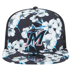 Miami Marlins Adventure Pattern Golfer Trucker Snapback Hat Black | New Era