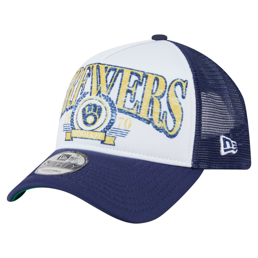 Milwaukee Brewers Distressed 9FORTY A-Frame Adjustable Trucker Hat White | New Era
