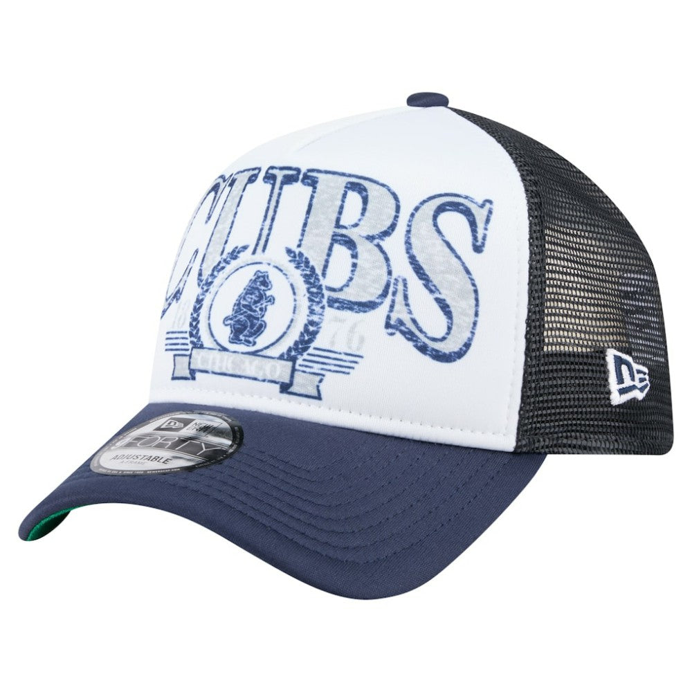 Chicago Cubs Distressed 9FORTY A-Frame Adjustable Trucker Hat White/Navy | New Era